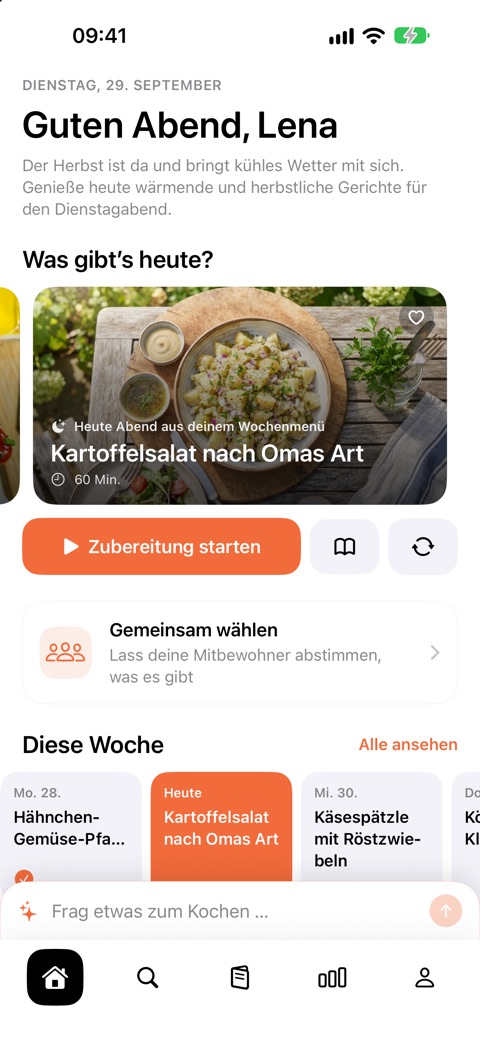 Startbildschirm von Tafelo mit dem Vorschlag für heute Abend