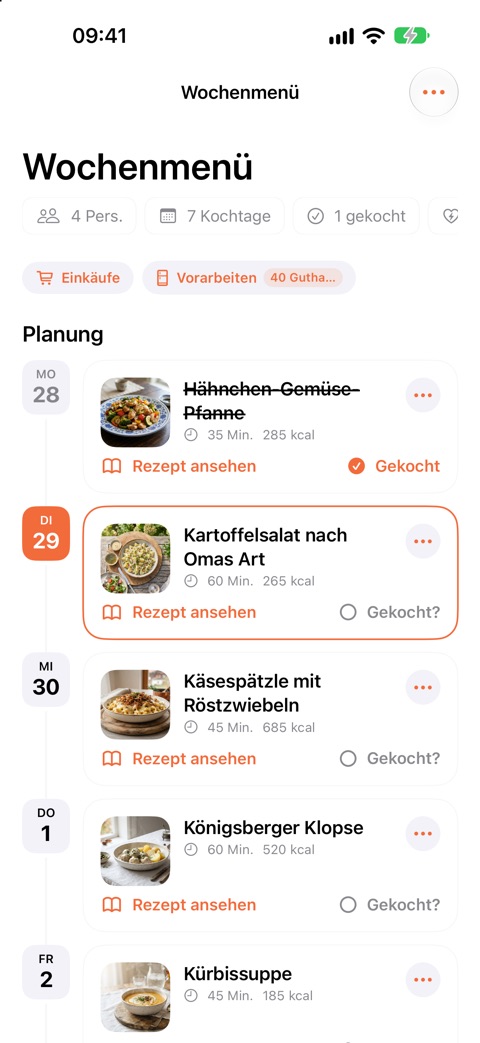 Wochenplan mit einem Gericht pro Tag