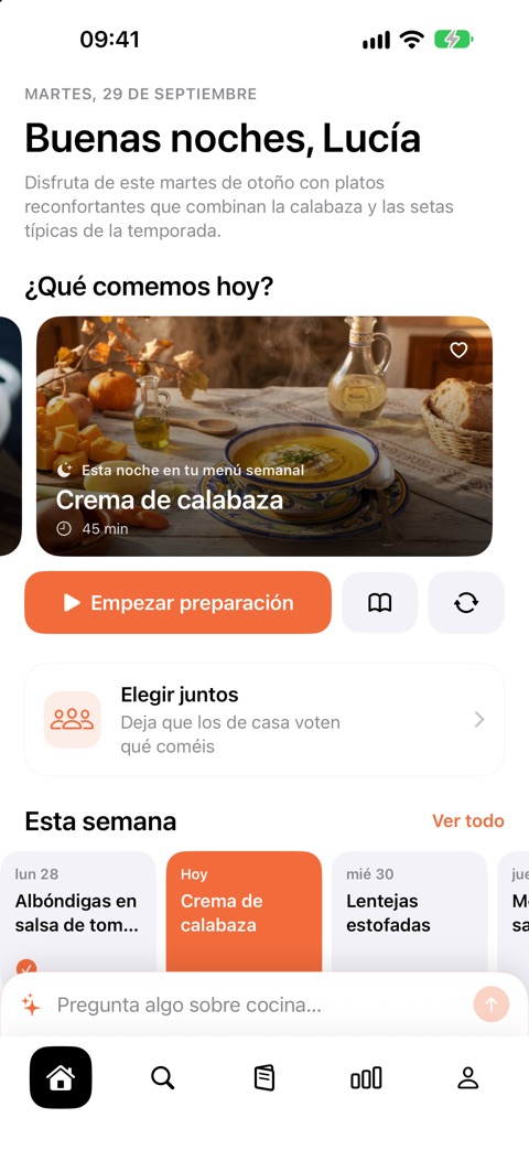 Pantalla de inicio de Tafelo con la propuesta para esta noche