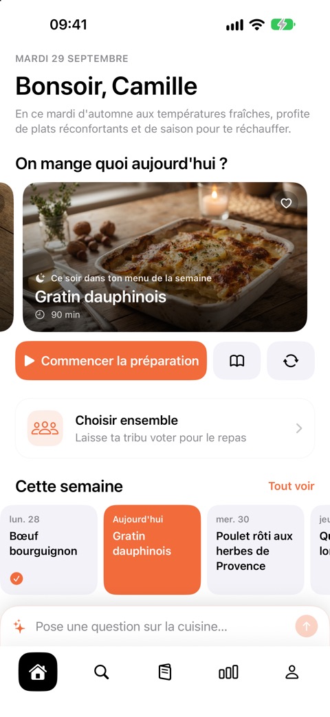 Écran d'accueil de Tafelo avec la suggestion du soir