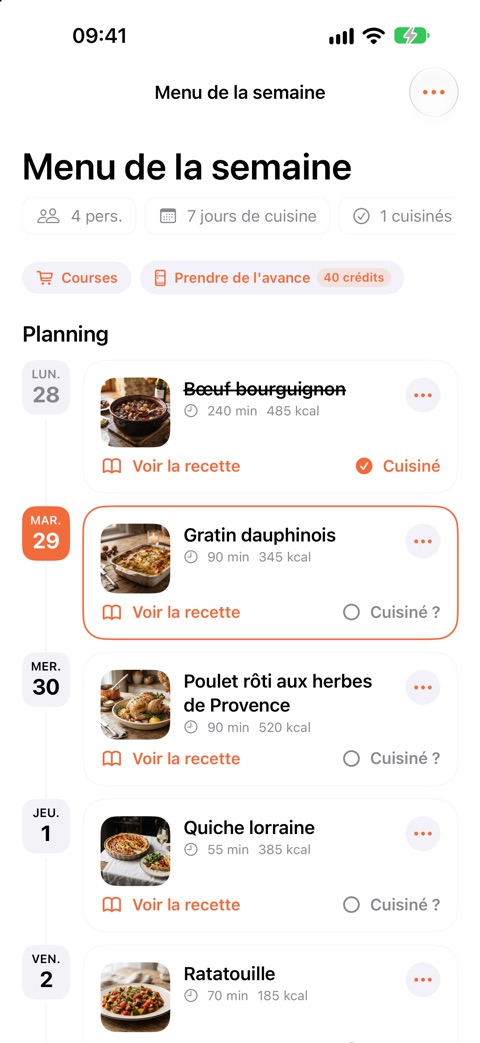Planning de la semaine avec un plat par jour