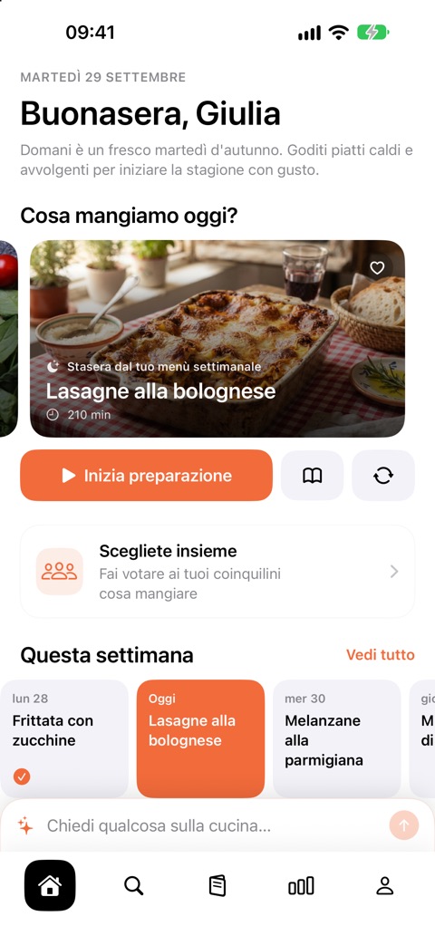 Schermata iniziale di Tafelo con la proposta per stasera