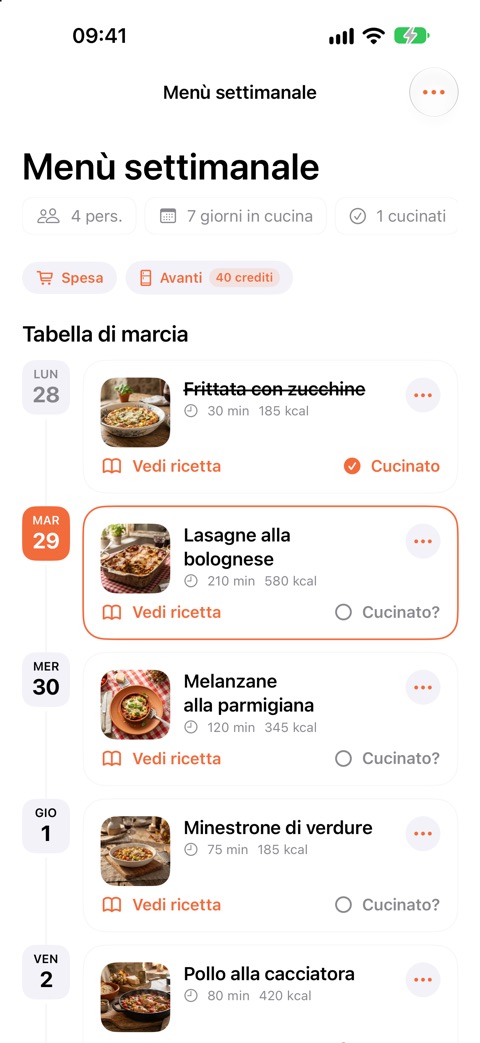 Pianificazione settimanale con un piatto al giorno