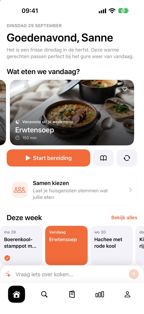 Startscherm van Tafelo met het voorstel voor vanavond