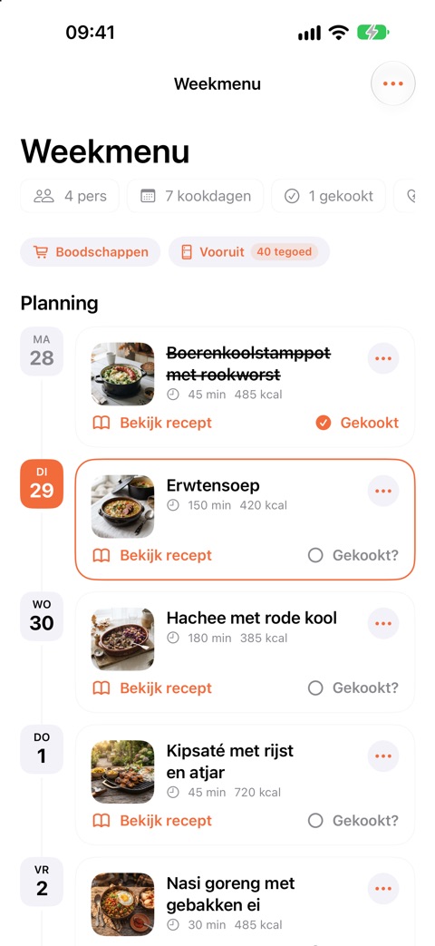 Weekplanning met een gerecht per dag
