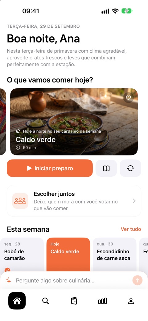 Tela inicial do Tafelo com a sugestão para hoje à noite