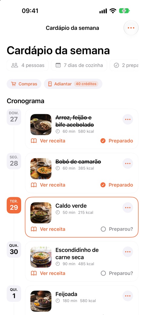 Planejamento da semana com um prato por dia